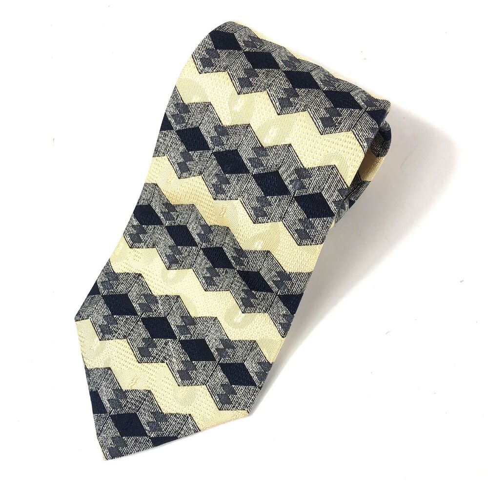 Ferrell Reed for Parisian Silk Tie XLong Navy Blue Tan Geometric Pattern Vintage
